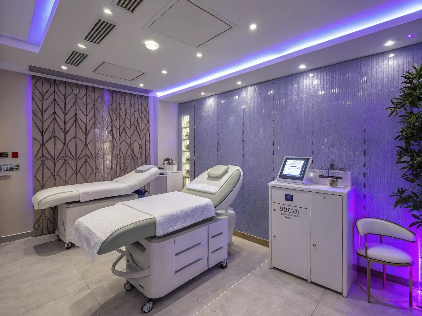 A serene treatment room at Huameets, featuring advanced equipment used for the 5G Hyperpigmentation Solution, with a focus on the comfort and safety of the client.