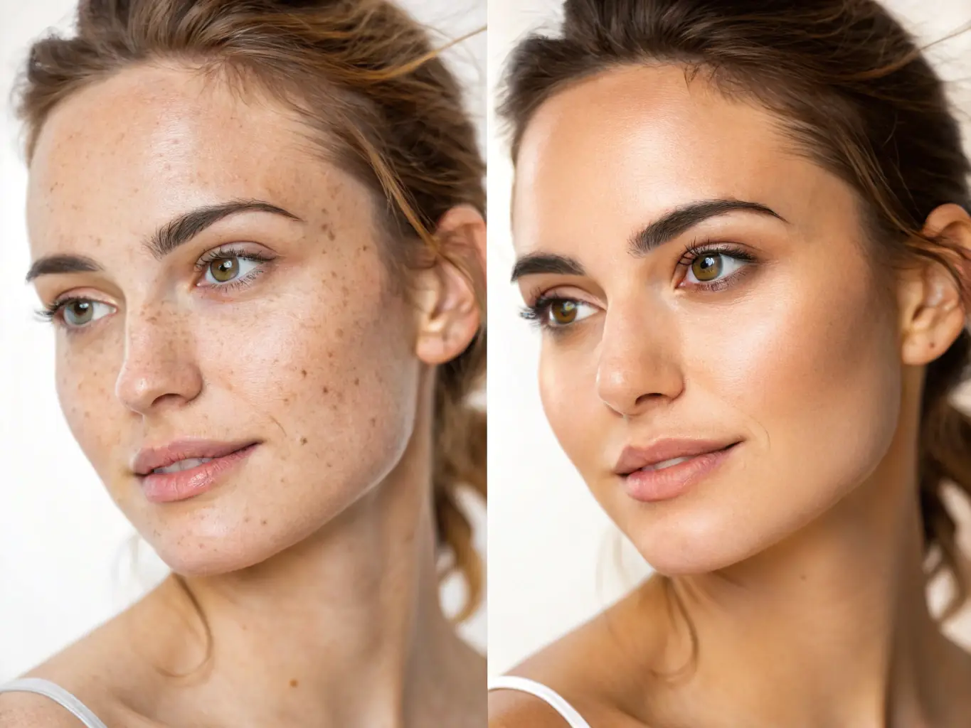 A before-and-after image showcasing the effectiveness of Huameets' skin treatments, highlighting the visible reduction in hyperpigmentation and improved skin tone.